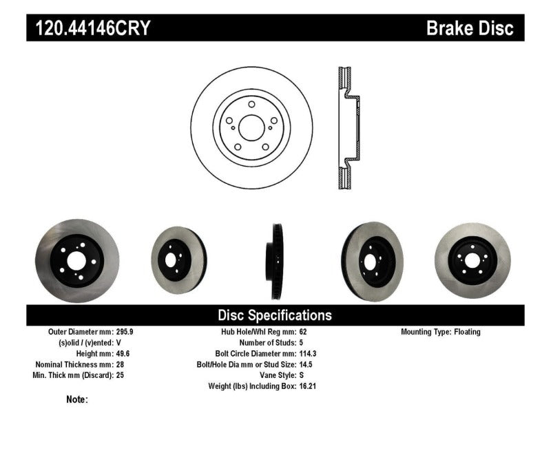 Stoptech 07 Lexus ES350 / 09 Pontiac Vibe / 09 Toyota Matrix Front CRYO-STOP Brake Rotor