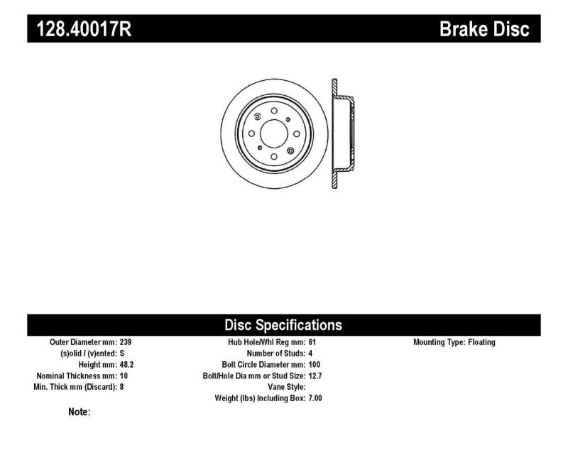 StopTech Acura & Honda Civic/Del Sol Drilled Right Rear Rotor