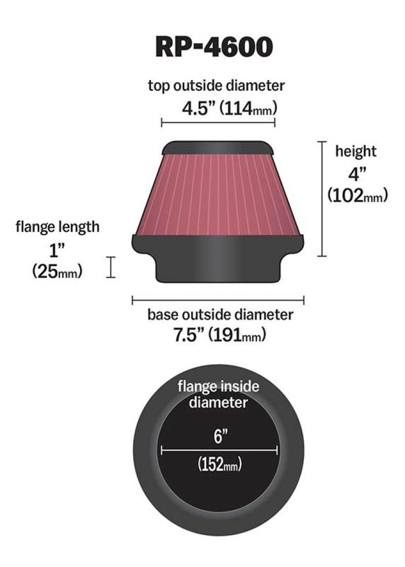 K&N Universal Round Tapered Carbon Fiber Air Filter 6in Flg ID Centered/7.5in B OD/4.5in T OD/4in H