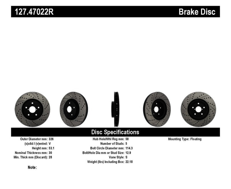 StopTech 05-10 Subaru Impreza WRX/STi Slotted & Drilled Right Front Rotor