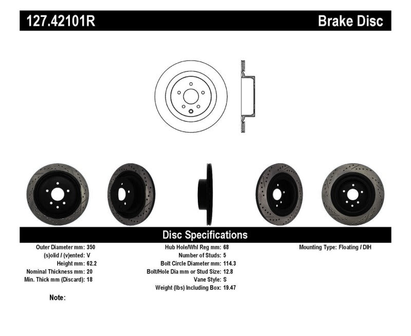 StopTech Infiniti G37 / Nissan 370Z SportStop Slotted & Drilled Rear Right Rotor